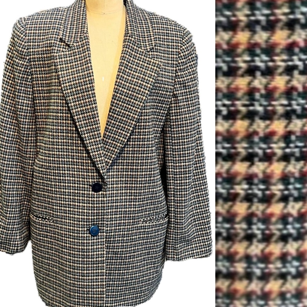 VINTAGE earthy wool tweed blazer suit jacket coat houndstooth plaid check 90s‎